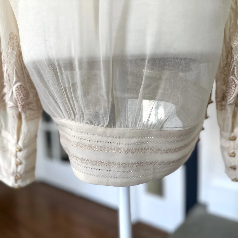 Anthropologie Long Sleeve Embroidered Blouse With Banded Waist, Cream: Size 4